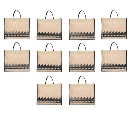 Black Border Tribal Printed Jute Bag with Zipper | Eco-Friendly Reusable Shopping Tote | 16×14×6 inch