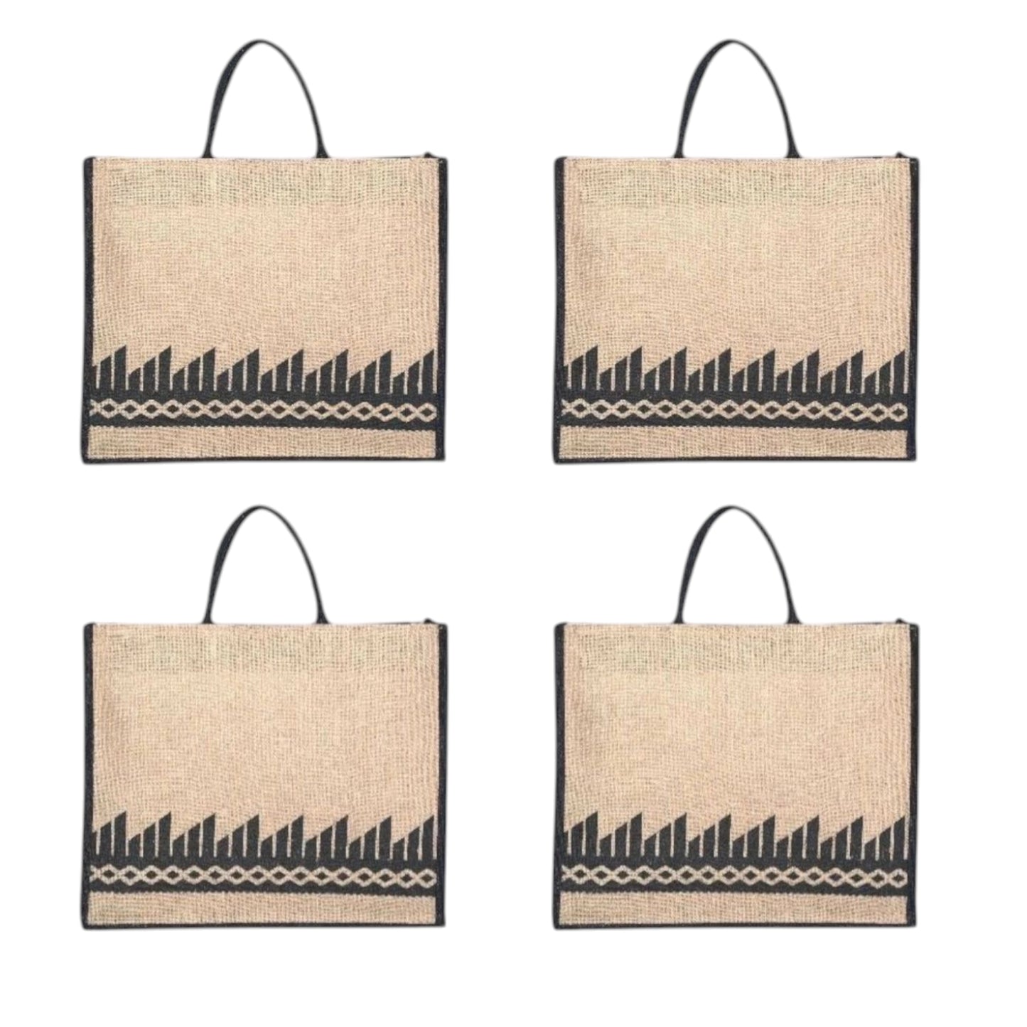Black Border Tribal Printed Jute Bag with Zipper | Eco-Friendly Reusable Shopping Tote | 16×14×6 inch