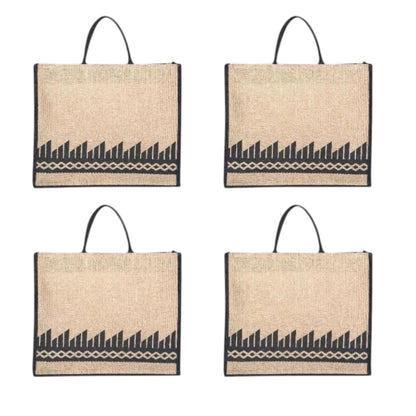 Black Border Tribal Printed Jute Bag with Zipper | Eco-Friendly Reusable Shopping Tote | 16×14×6 inch