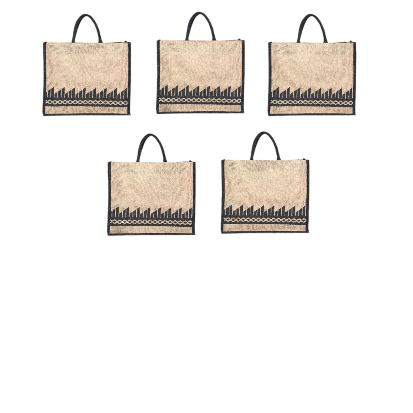 Black Border Tribal Printed Jute Bag with Zipper | Eco-Friendly Reusable Shopping Tote | 16×14×6 inch