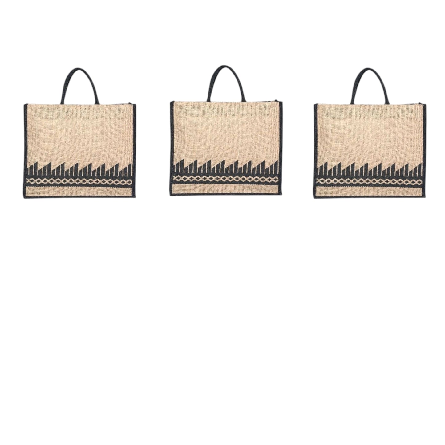 Black Border Tribal Printed Jute Bag with Zipper | Eco-Friendly Reusable Shopping Tote | 16×14×6 inch