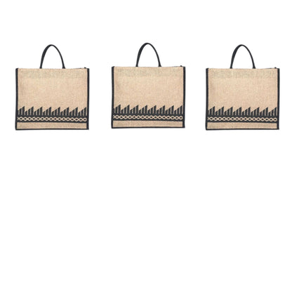 Black Border Tribal Printed Jute Bag with Zipper | Eco-Friendly Reusable Shopping Tote | 16×14×6 inch