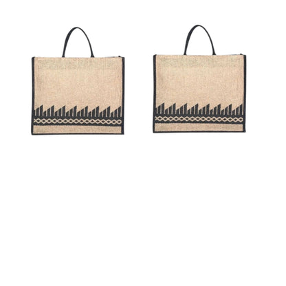 Black Border Tribal Printed Jute Bag with Zipper | Eco-Friendly Reusable Shopping Tote | 16×14×6 inch