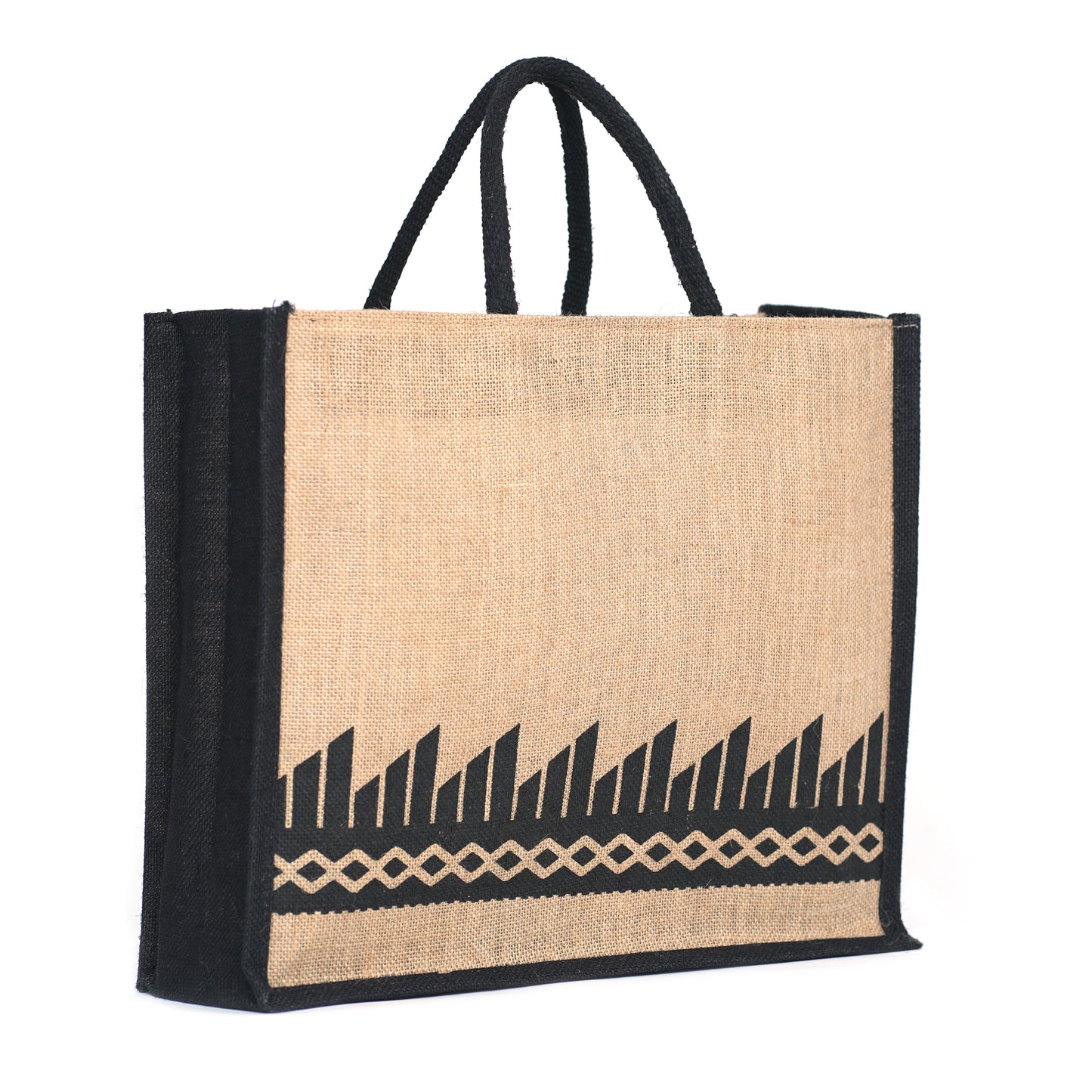 Black Border Tribal Printed Jute Bag with Zipper | Eco-Friendly Reusable Shopping Tote | 16×14×6 inch