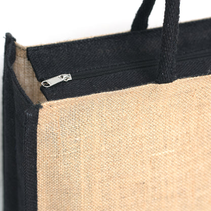 Black Border Tribal Printed Jute Bag with Zipper | Eco-Friendly Reusable Shopping Tote | 16×14×6 inch