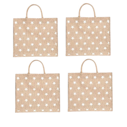 White Star Printed Jute Bag with Zipper | Eco-Friendly Reusable Shopping Tote | 16×14×6 inch