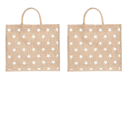 White Star Printed Jute Bag with Zipper | Eco-Friendly Reusable Shopping Tote | 16×14×6 inch