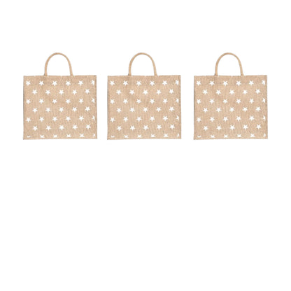 White Star Printed Jute Bag with Zipper | Eco-Friendly Reusable Shopping Tote | 16×14×6 inch