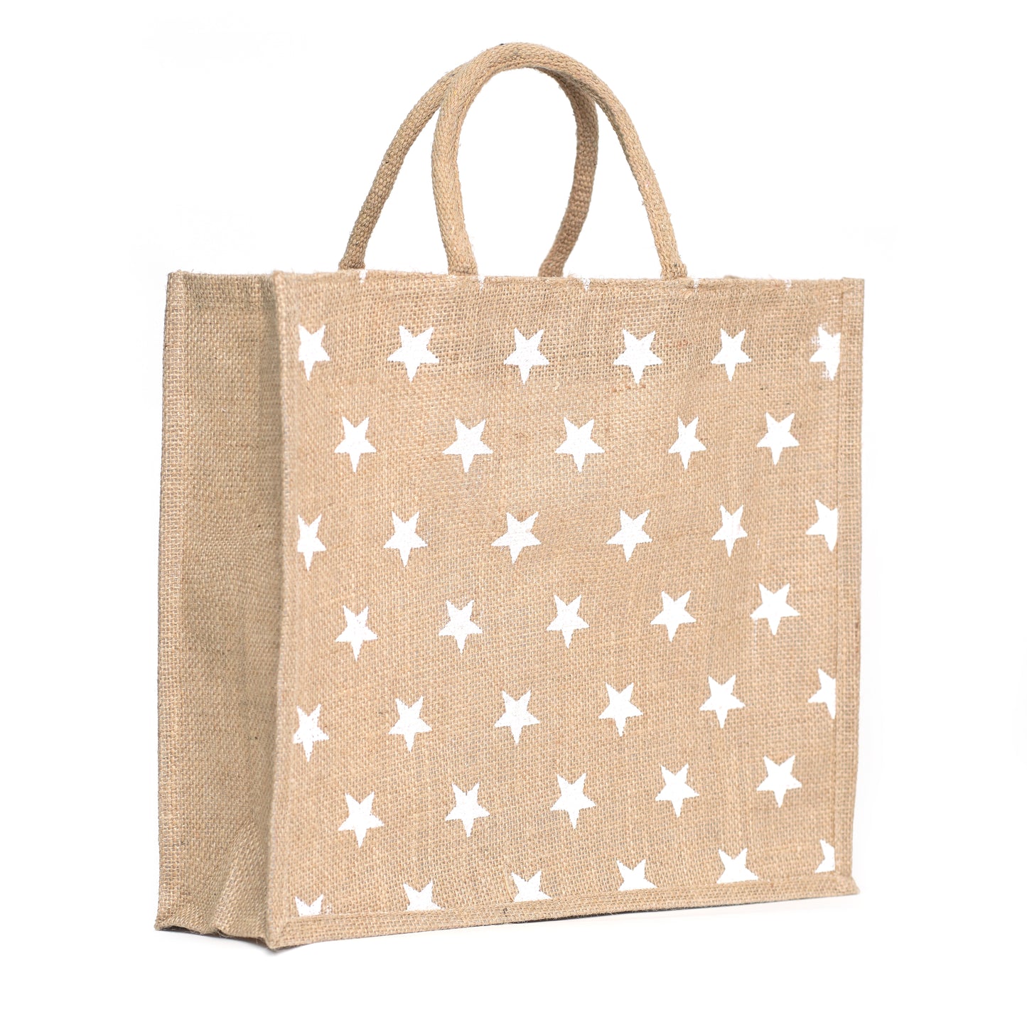 White Star Printed Jute Bag with Zipper | Eco-Friendly Reusable Shopping Tote | 16×14×6 inch