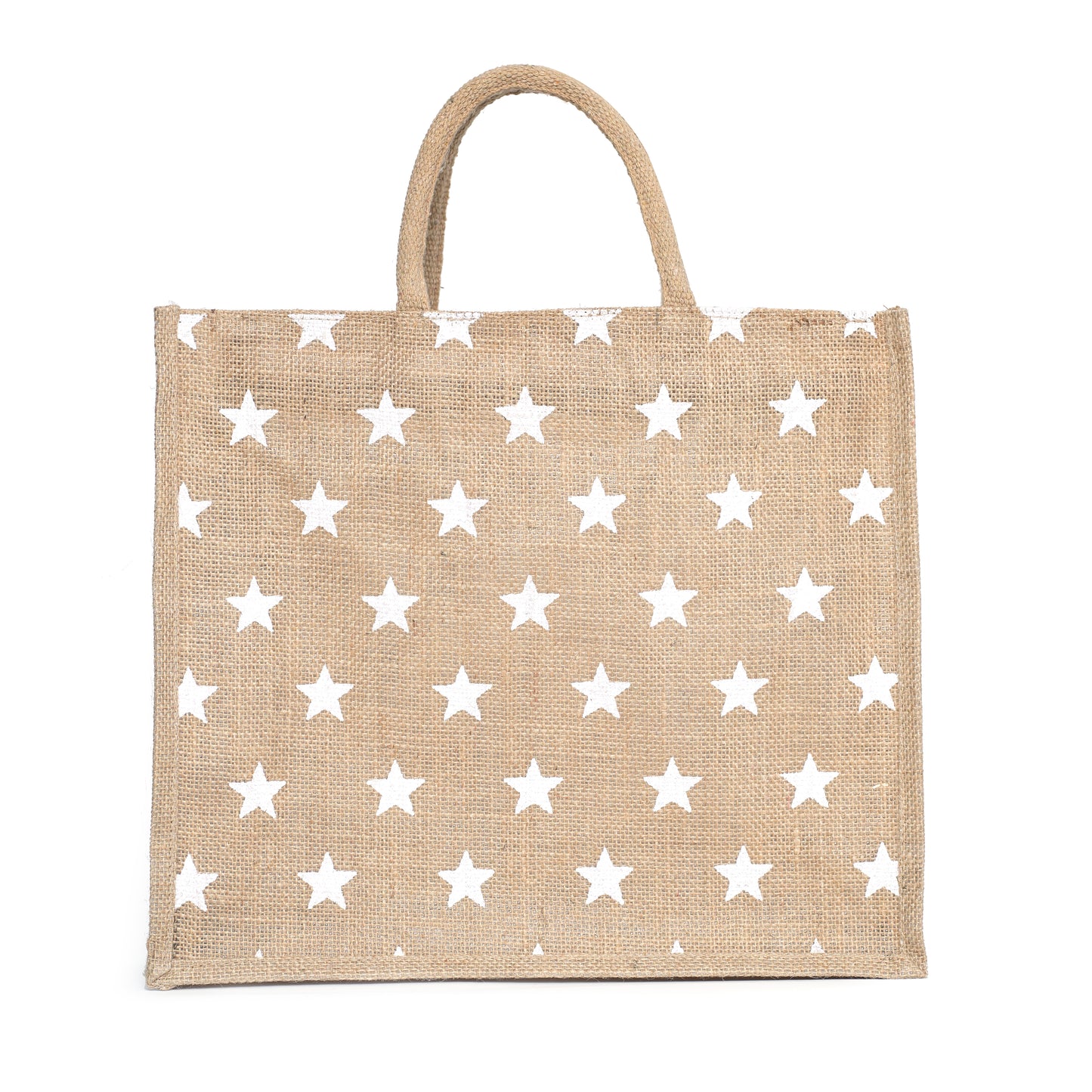 White Star Printed Jute Bag with Zipper | Eco-Friendly Reusable Shopping Tote | 16×14×6 inch