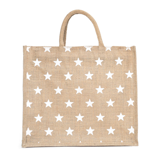 White Star Printed Jute Bag with Zipper | Eco-Friendly Reusable Shopping Tote | 16×14×6 inch