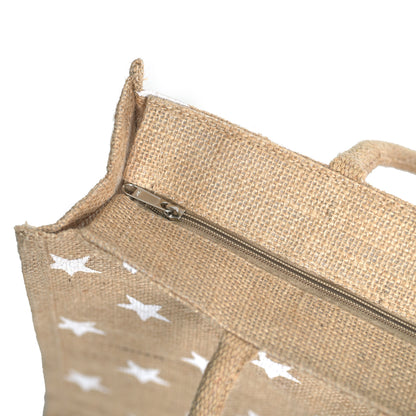 White Star Printed Jute Bag with Zipper | Eco-Friendly Reusable Shopping Tote | 16×14×6 inch