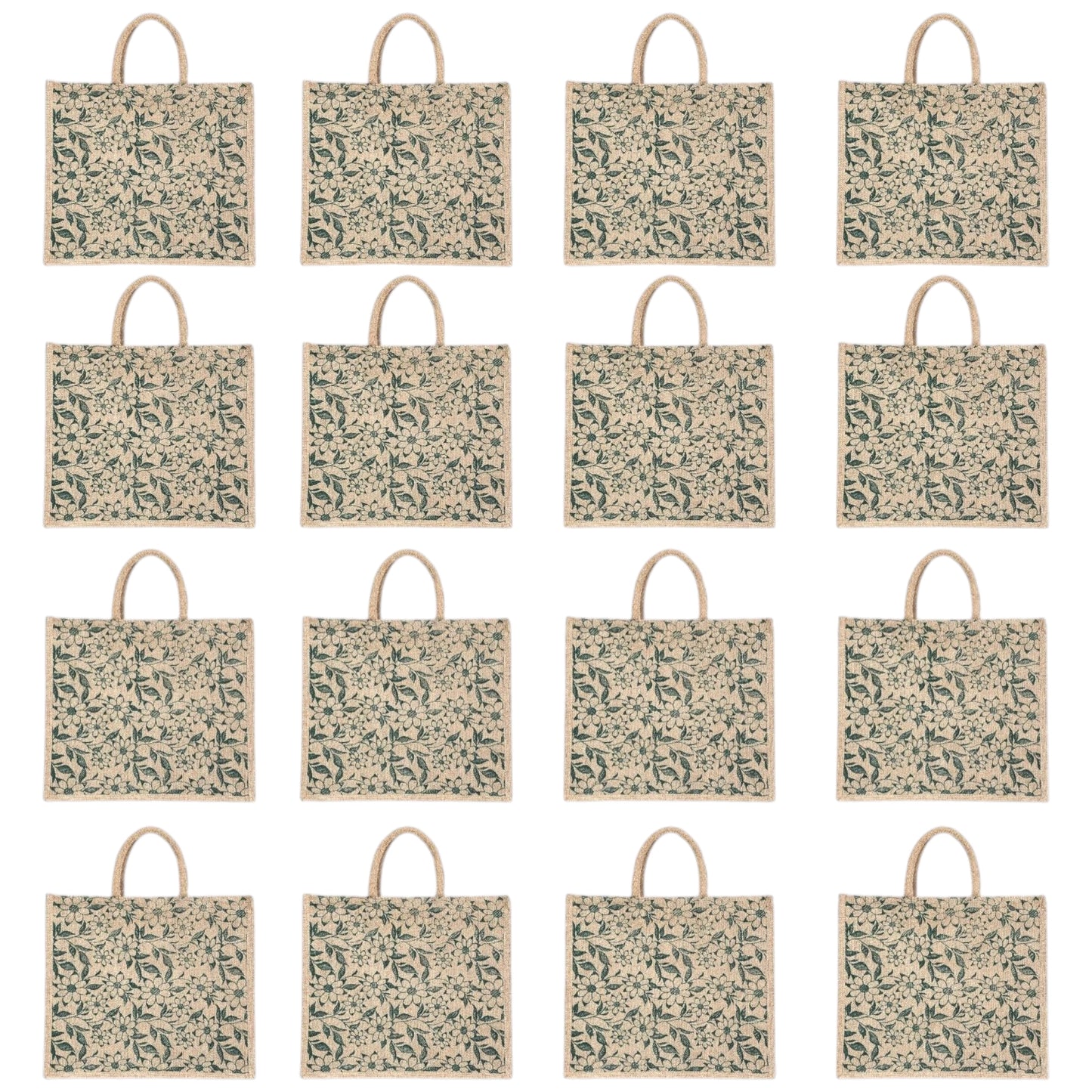 Green Floral Printed Jute Bag with Zipper | Eco-Friendly Reusable Shopping Tote | 16×14×6 inch