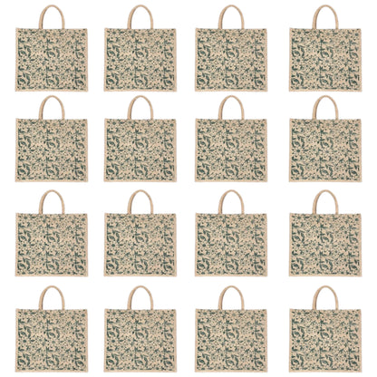 Green Floral Printed Jute Bag with Zipper | Eco-Friendly Reusable Shopping Tote | 16×14×6 inch