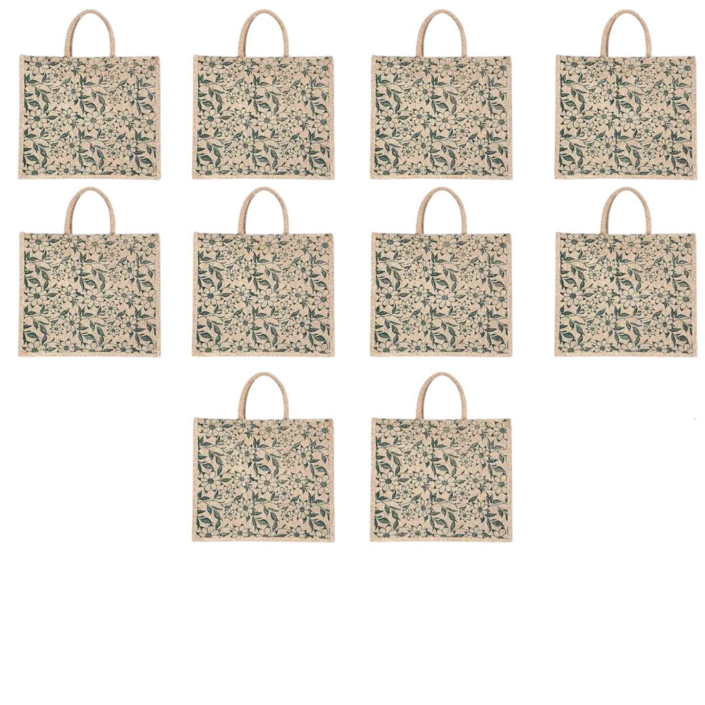 Green Floral Printed Jute Bag with Zipper | Eco-Friendly Reusable Shopping Tote | 16×14×6 inch