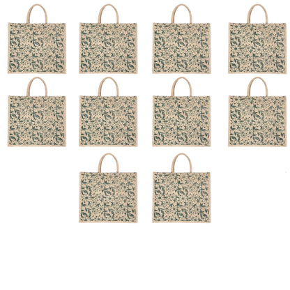 Green Floral Printed Jute Bag with Zipper | Eco-Friendly Reusable Shopping Tote | 16×14×6 inch