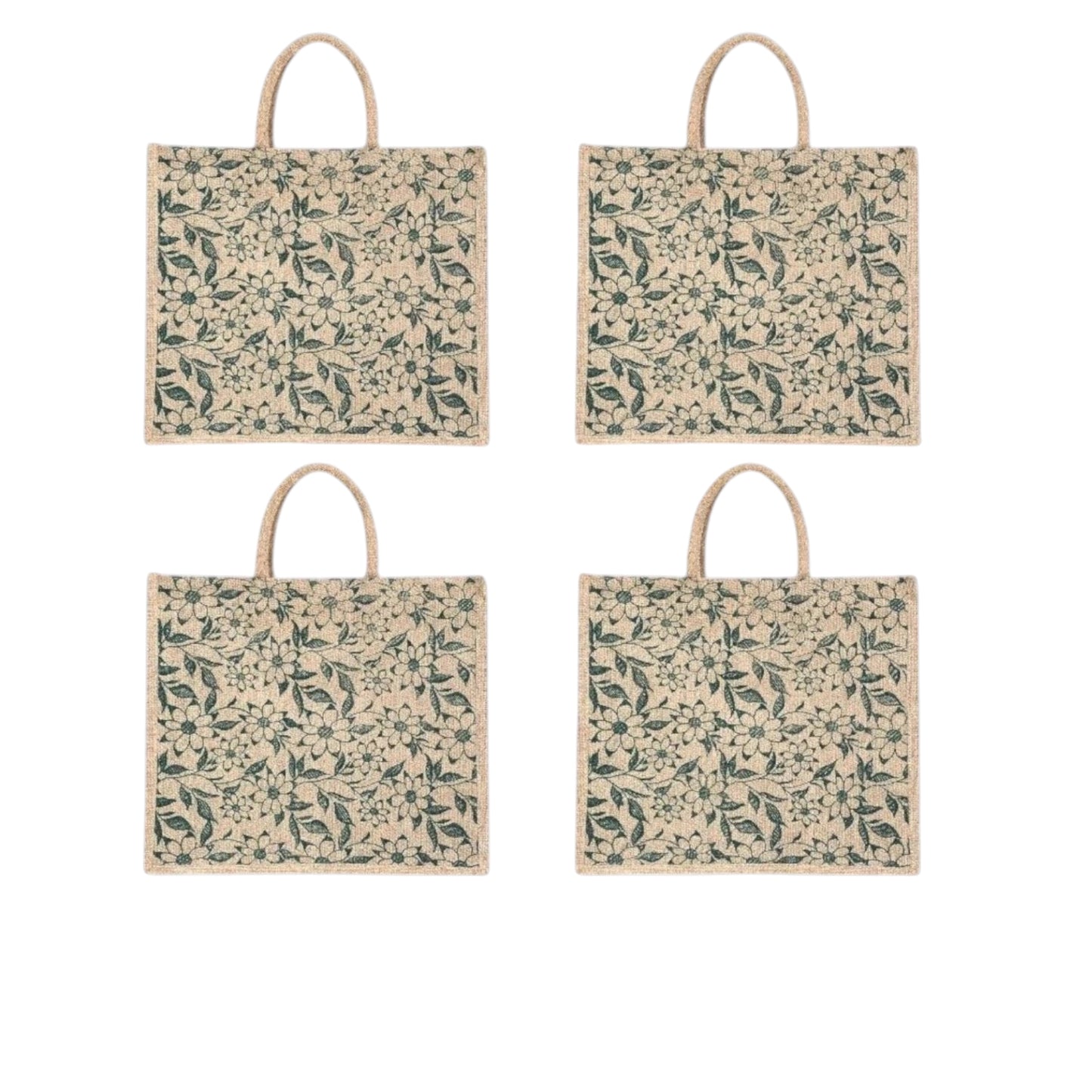 Green Floral Printed Jute Bag with Zipper | Eco-Friendly Reusable Shopping Tote | 16×14×6 inch