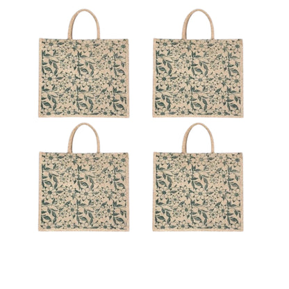 Green Floral Printed Jute Bag with Zipper | Eco-Friendly Reusable Shopping Tote | 16×14×6 inch