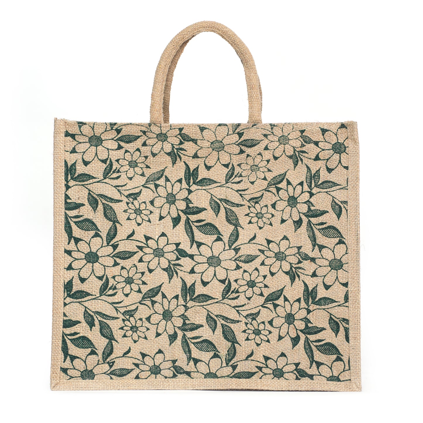 Green Floral Printed Jute Bag with Zipper | Eco-Friendly Reusable Shopping Tote | 16×14×6 inch