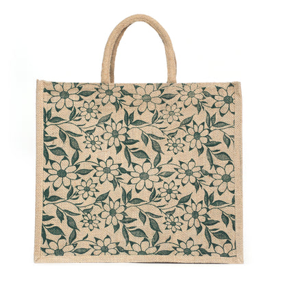 Green Floral Printed Jute Bag with Zipper | Eco-Friendly Reusable Shopping Tote | 16×14×6 inch