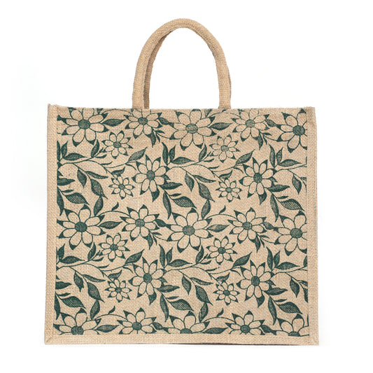 Green Floral Printed Jute Bag with Zipper | Eco-Friendly Reusable Shopping Tote | 16×14×6 inch