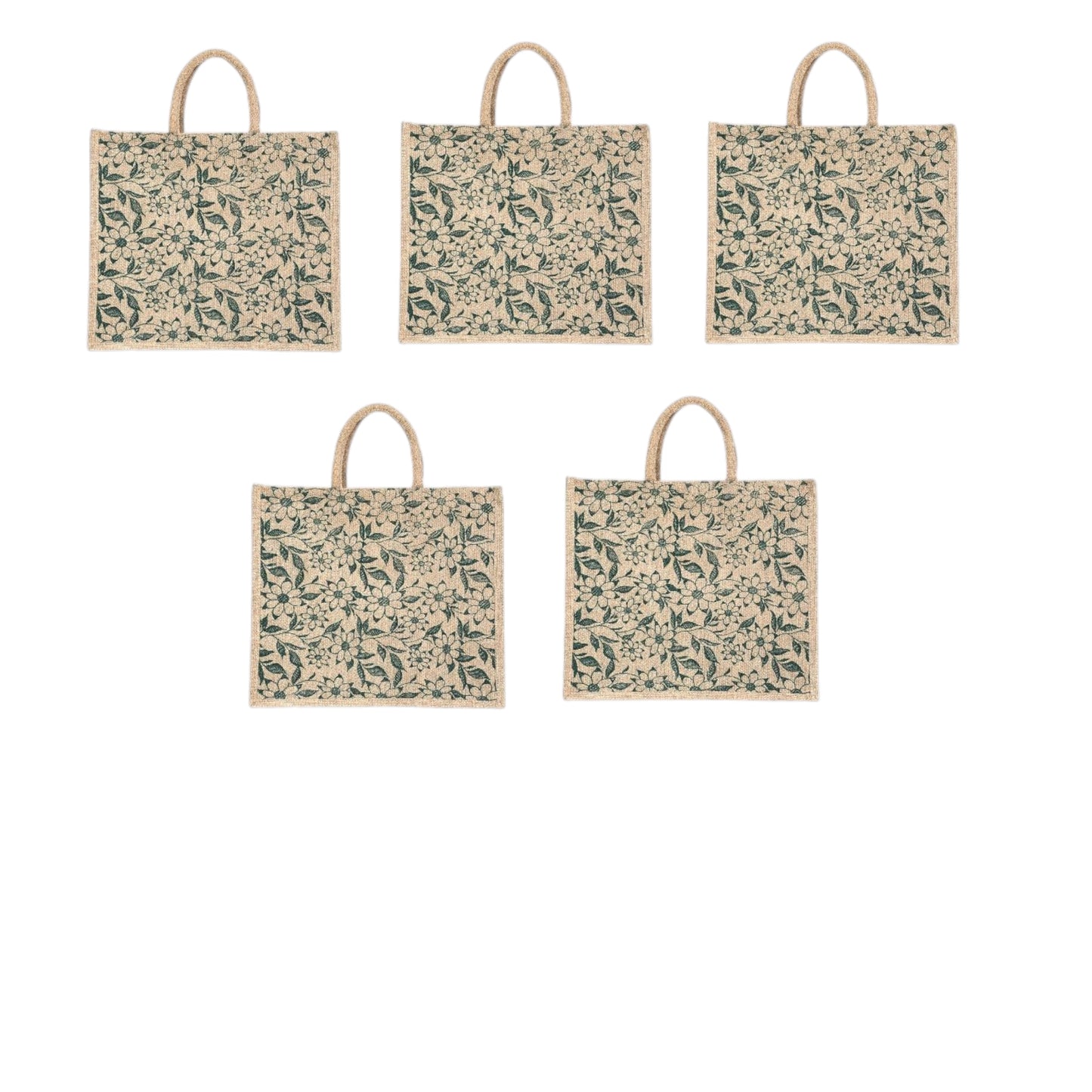 Green Floral Printed Jute Bag with Zipper | Eco-Friendly Reusable Shopping Tote | 16×14×6 inch