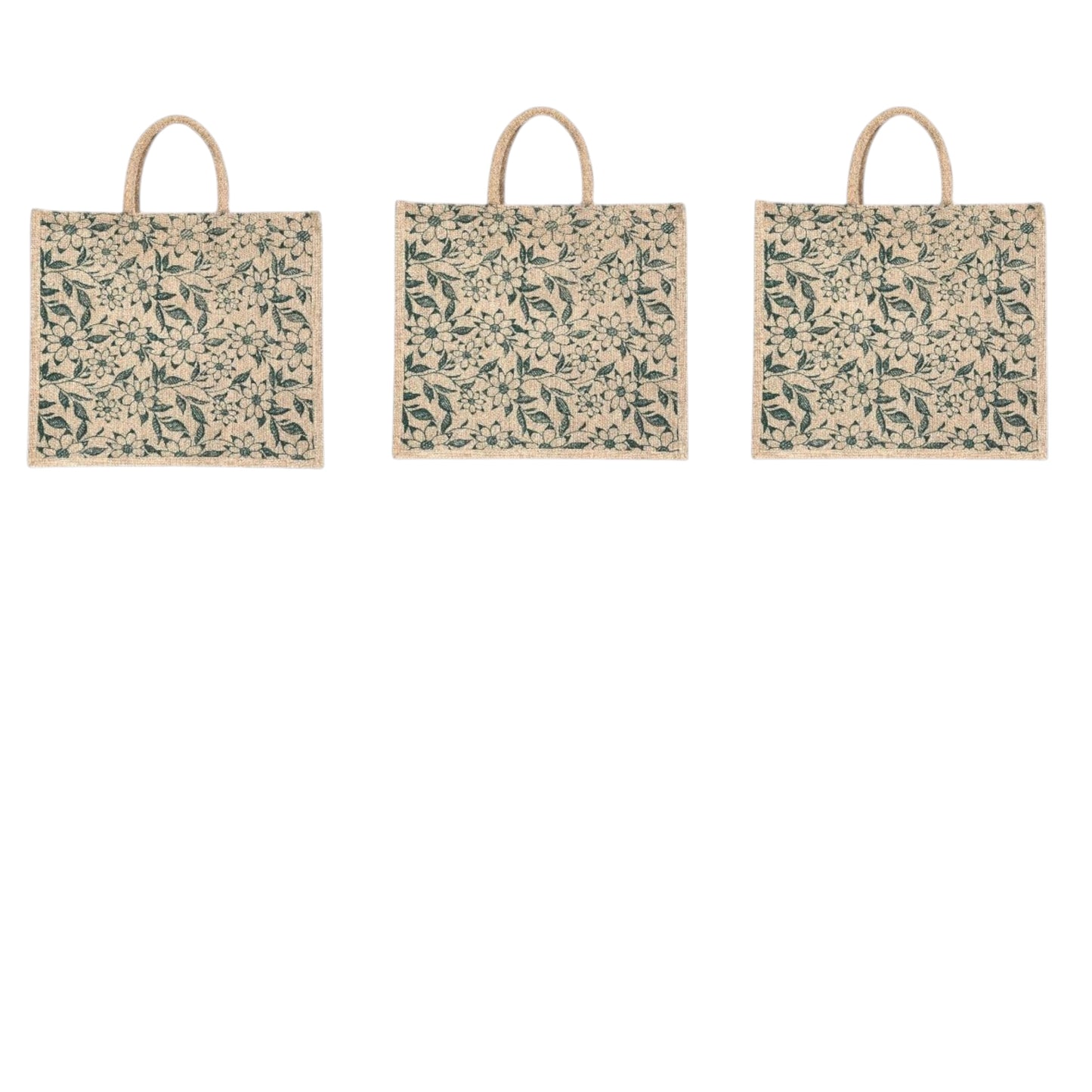 Green Floral Printed Jute Bag with Zipper | Eco-Friendly Reusable Shopping Tote | 16×14×6 inch