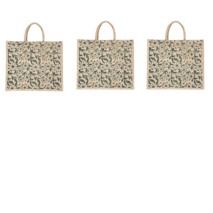 Green Floral Printed Jute Bag with Zipper | Eco-Friendly Reusable Shopping Tote | 16×14×6 inch