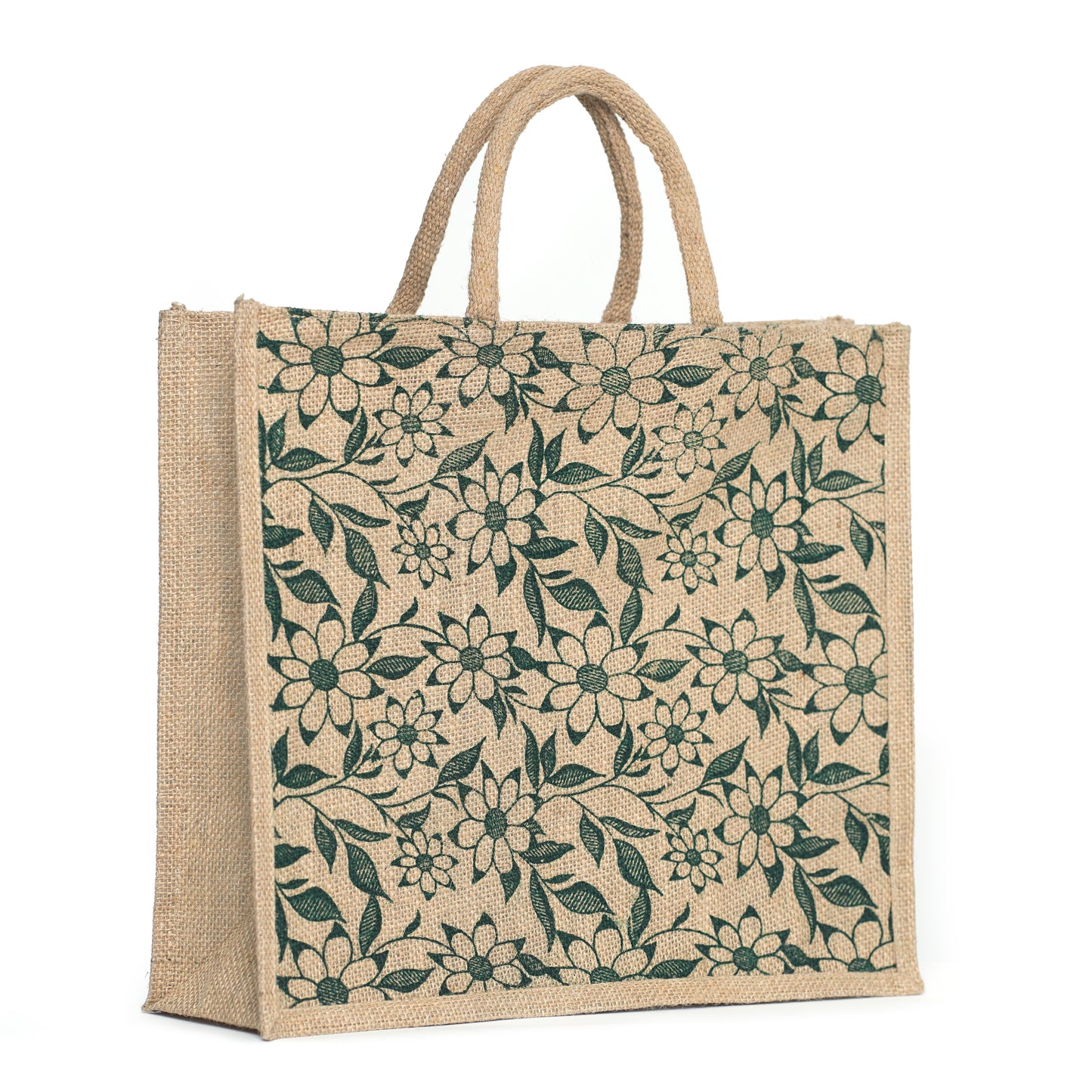 Green Floral Printed Jute Bag with Zipper | Eco-Friendly Reusable Shopping Tote | 16×14×6 inch