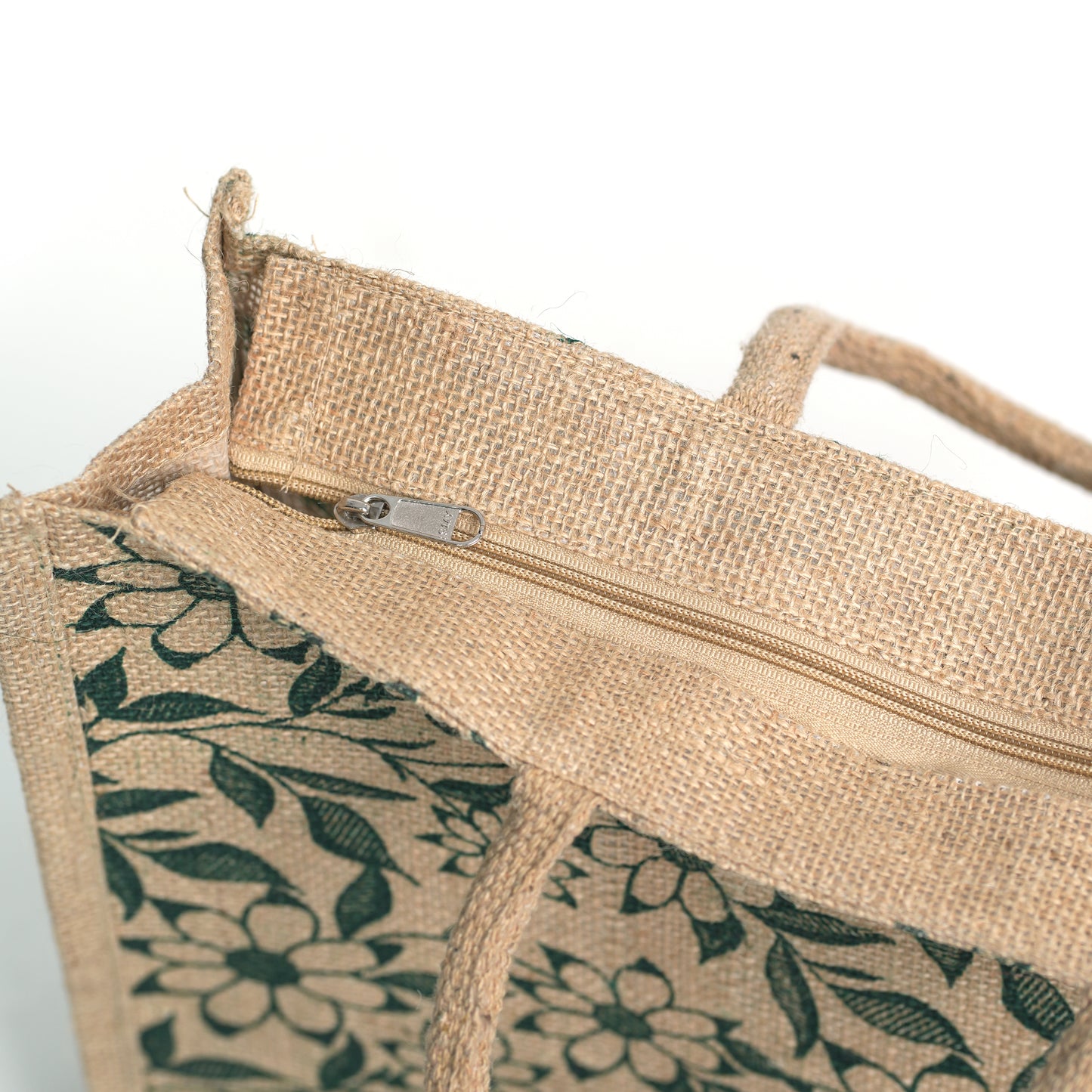 Green Floral Printed Jute Bag with Zipper | Eco-Friendly Reusable Shopping Tote | 16×14×6 inch
