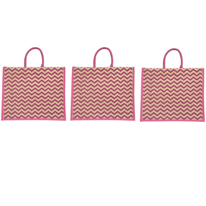 Pink Zigzag Printed Jute Bag | Eco-Friendly Reusable Shopping Tote | 16×14×6 inch