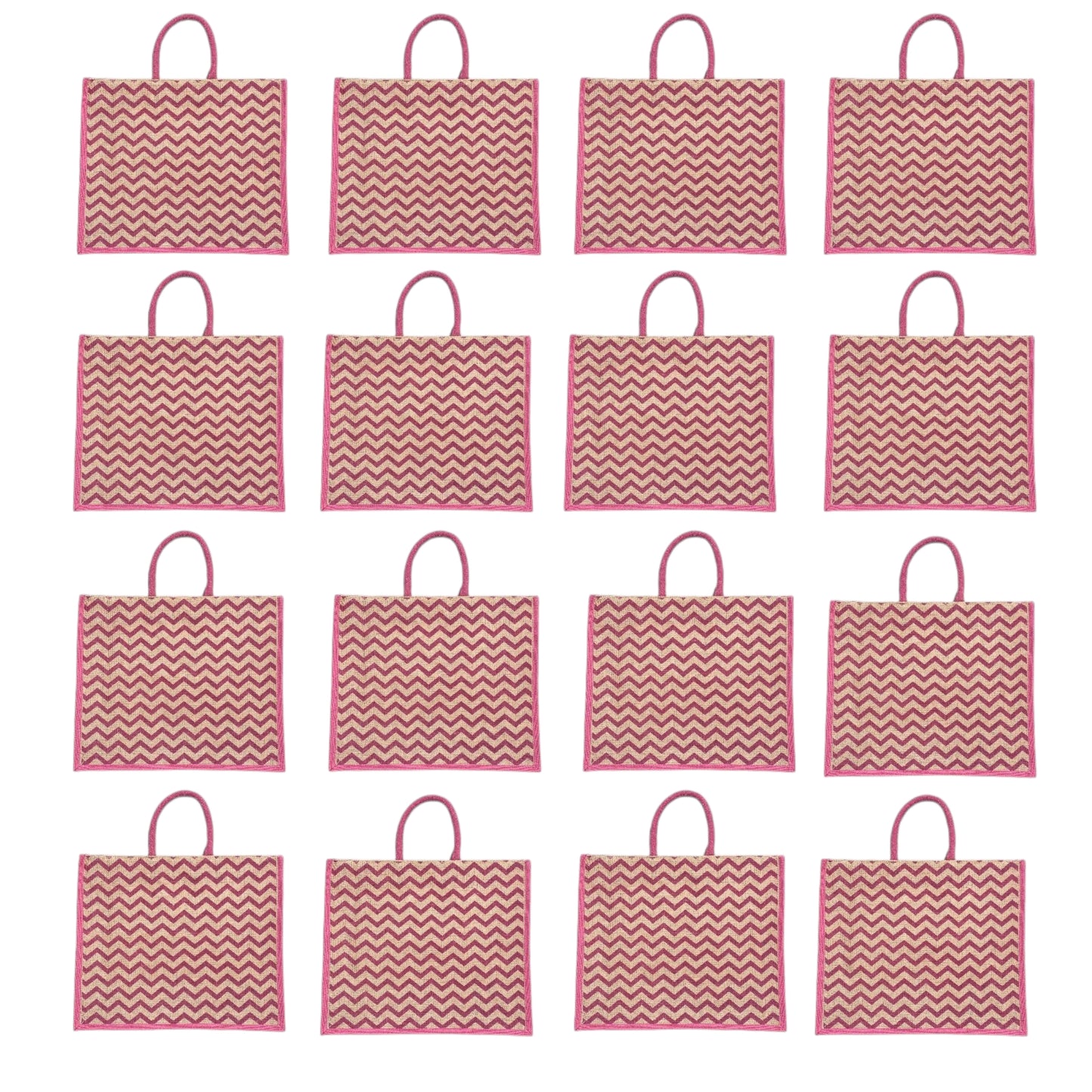 Pink Zigzag Printed Jute Bag | Eco-Friendly Reusable Shopping Tote | 16×14×6 inch