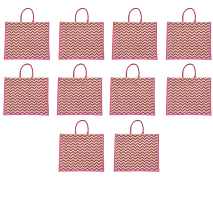 Pink Zigzag Printed Jute Bag | Eco-Friendly Reusable Shopping Tote | 16×14×6 inch