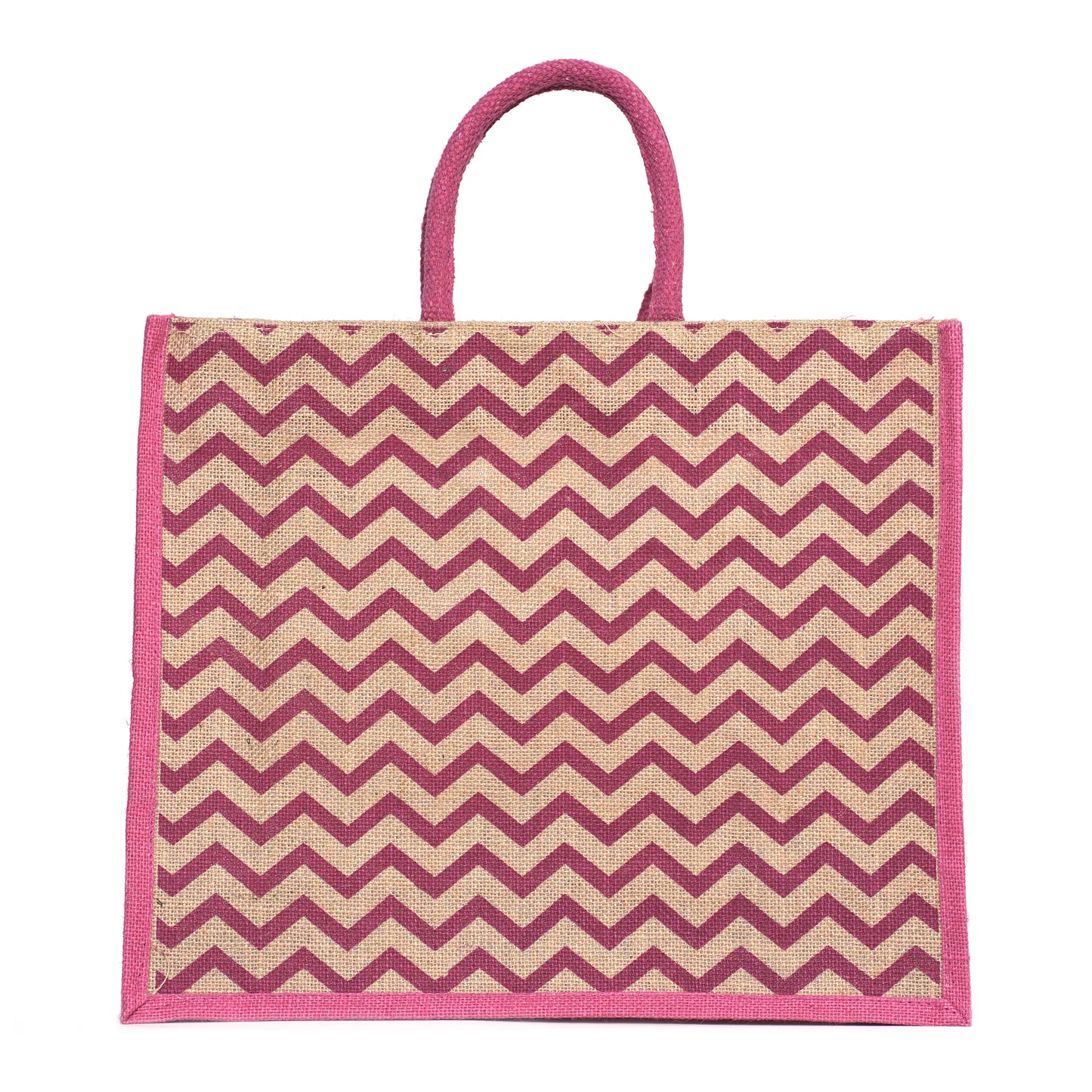 Pink Zigzag Printed Jute Bag | Eco-Friendly Reusable Shopping Tote | 16×14×6 inch