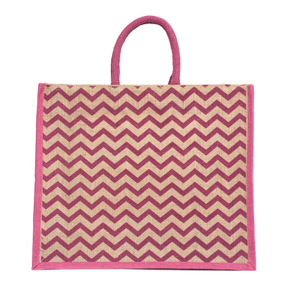 Pink Zigzag Printed Jute Bag | Eco-Friendly Reusable Shopping Tote | 16×14×6 inch