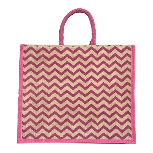 Pink Zigzag Printed Jute Bag | Eco-Friendly Reusable Shopping Tote | 16×14×6 inch