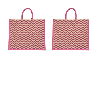 Pink Zigzag Printed Jute Bag | Eco-Friendly Reusable Shopping Tote | 16×14×6 inch