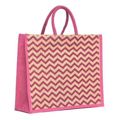 Pink Zigzag Printed Jute Bag | Eco-Friendly Reusable Shopping Tote | 16×14×6 inch