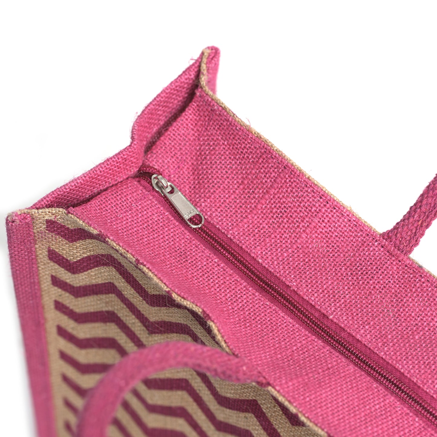 Pink Zigzag Printed Jute Bag | Eco-Friendly Reusable Shopping Tote | 16×14×6 inch