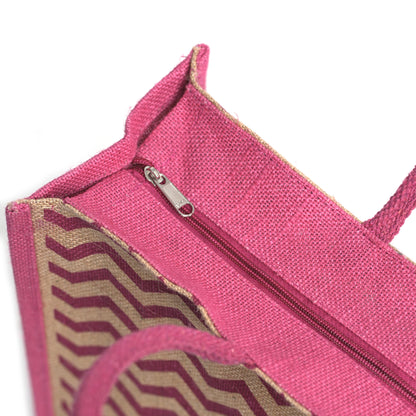 Pink Zigzag Printed Jute Bag | Eco-Friendly Reusable Shopping Tote | 16×14×6 inch