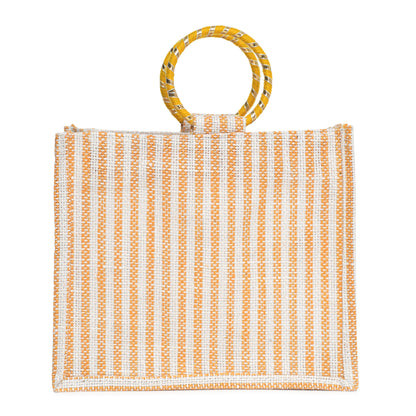 Striped Jute Gift Bag with Transparent Window – Eco-Friendly Reusable Tote (12×10×5 inch)
