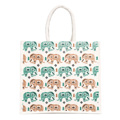 Elephant Print Canvas Tote Bag – Handmade Ethnic Eco-Friendly Shopping Bag (16×14×5 inch)