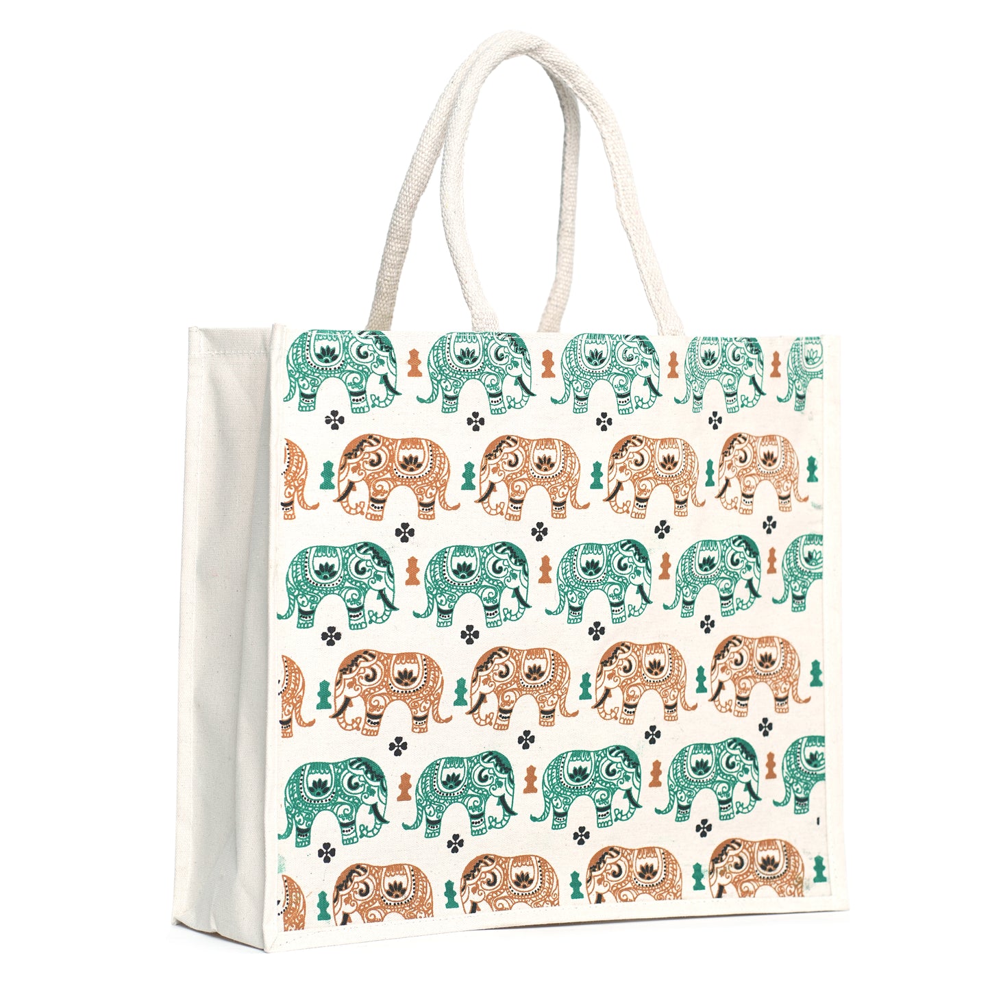Elephant Print Canvas Tote Bag – Handmade Ethnic Eco-Friendly Shopping Bag (16×14×5 inch)