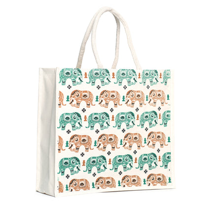 Elephant Print Canvas Tote Bag – Handmade Ethnic Eco-Friendly Shopping Bag (16×14×5 inch)