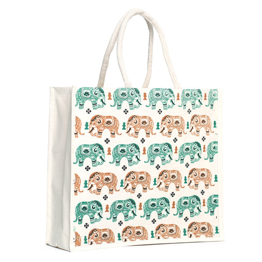 Elephant Print Canvas Tote Bag – Handmade Ethnic Eco-Friendly Shopping Bag (16×14×5 inch)