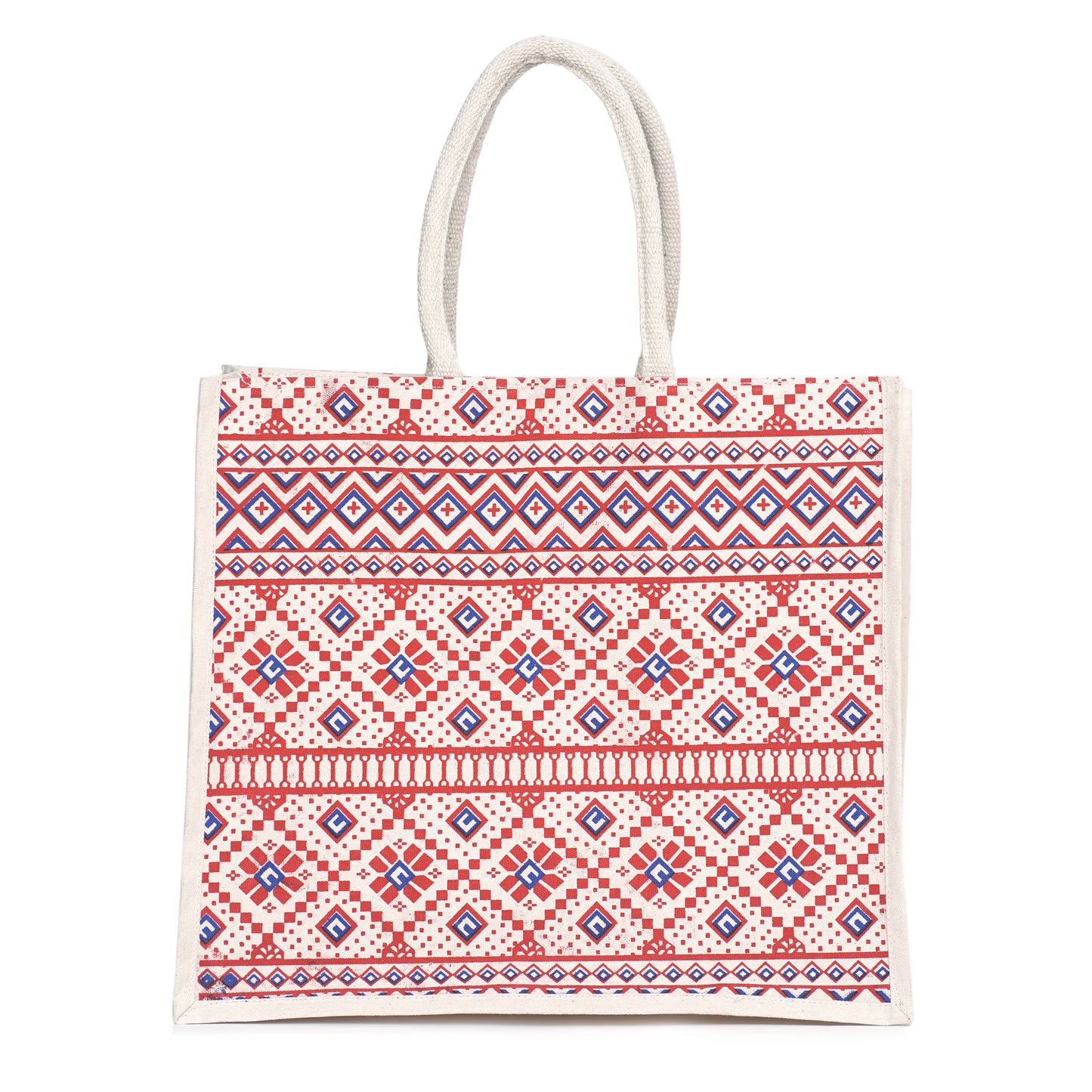 Red & White Printed Jute Shopping Bag – Eco-Friendly Reusable Tote (16×14×5 inch)