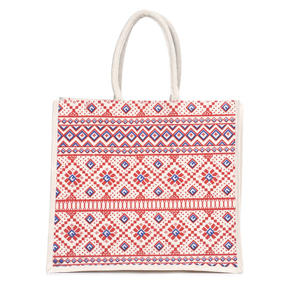 Red & White Printed Jute Shopping Bag – Eco-Friendly Reusable Tote (16×14×5 inch)
