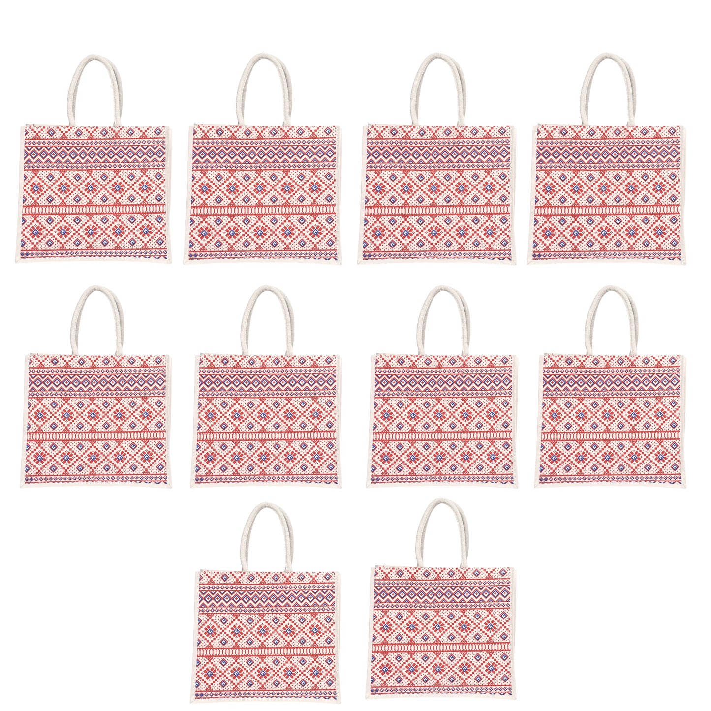 Red & White Printed Jute Shopping Bag – Eco-Friendly Reusable Tote (16×14×5 inch)