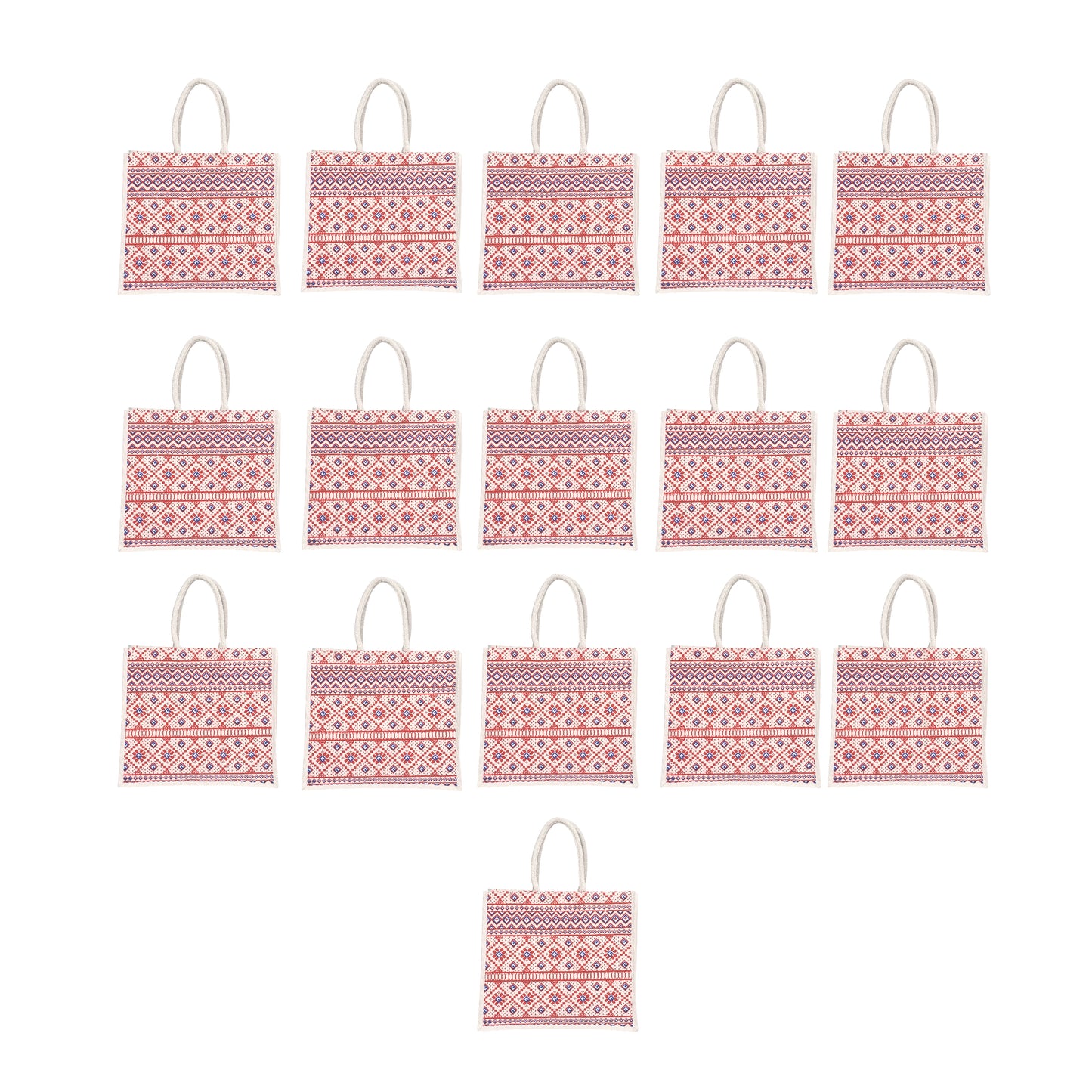 Red & White Printed Jute Shopping Bag – Eco-Friendly Reusable Tote (16×14×5 inch)