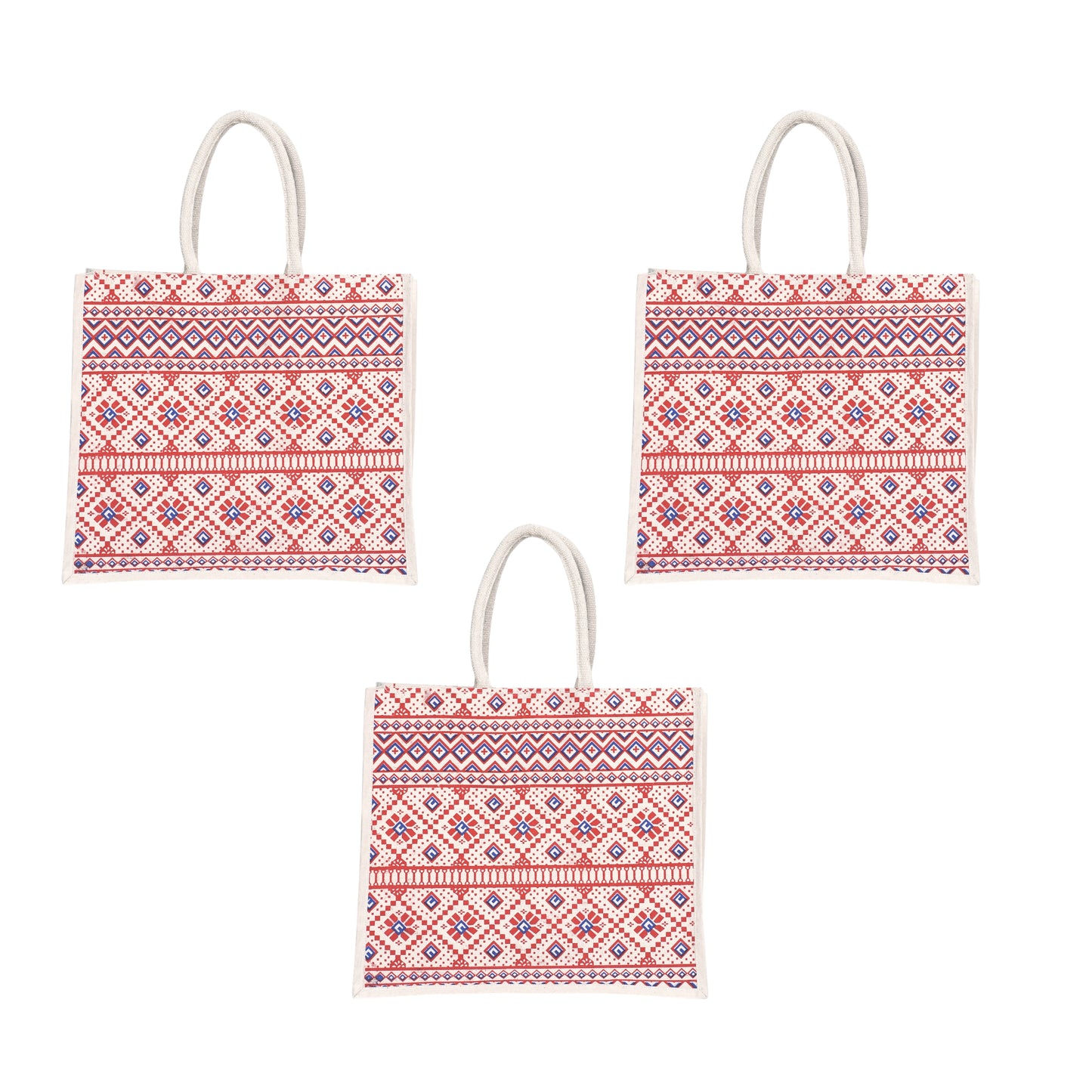 Red & White Printed Jute Shopping Bag – Eco-Friendly Reusable Tote (16×14×5 inch)